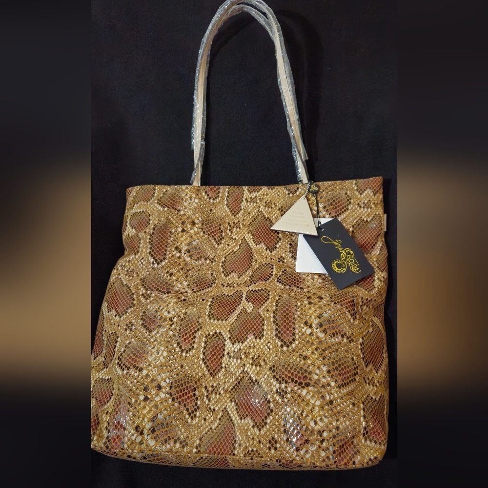NWT- Sorial Gold & Brown Leather Snakeskin Embossed Print Tote